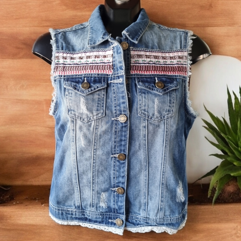 Origami Embroidered Denim Vest